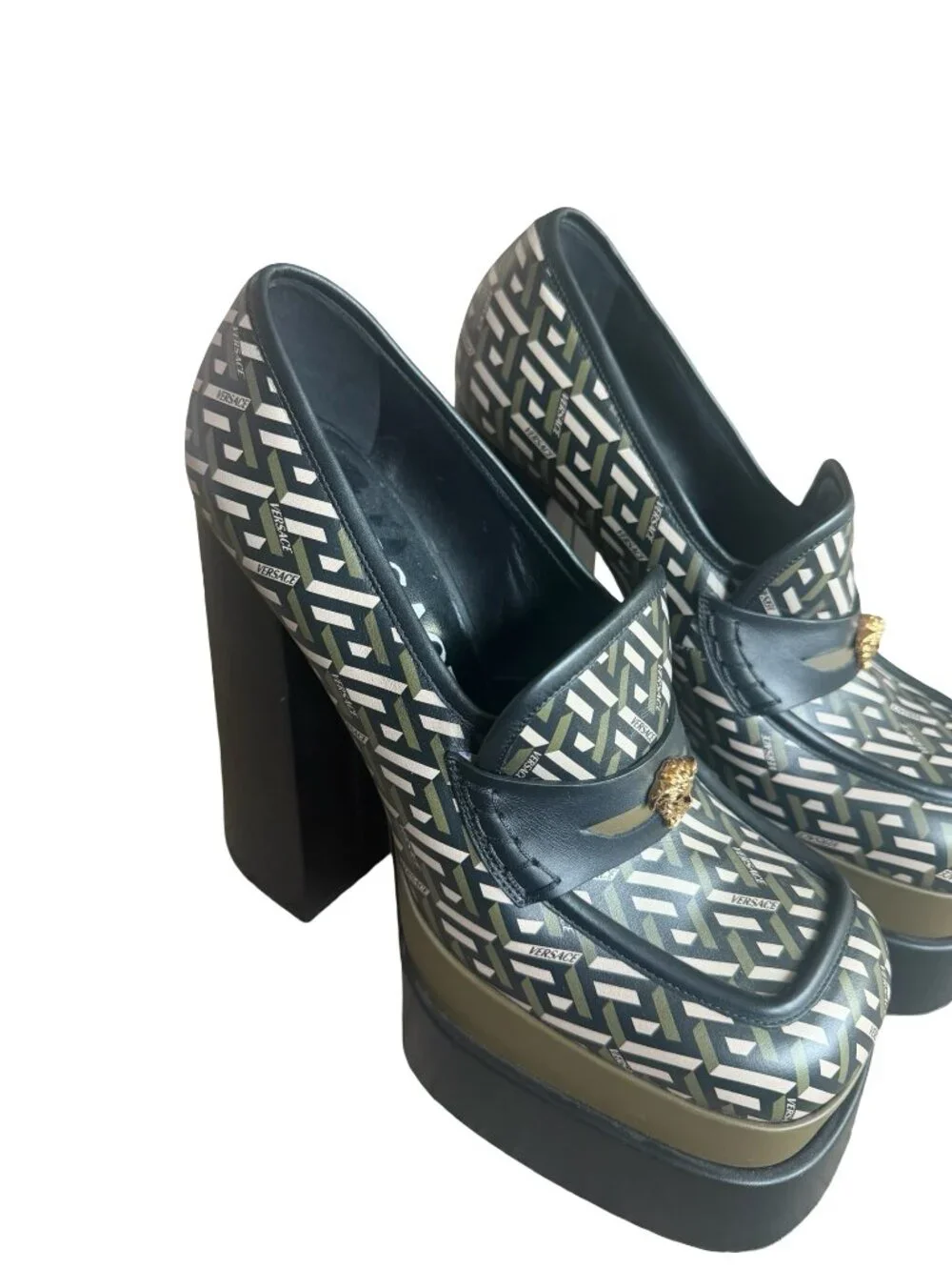 Versace La Greca Print Platforms Loafers Juno Gold Medusa Logo Designer Size 40